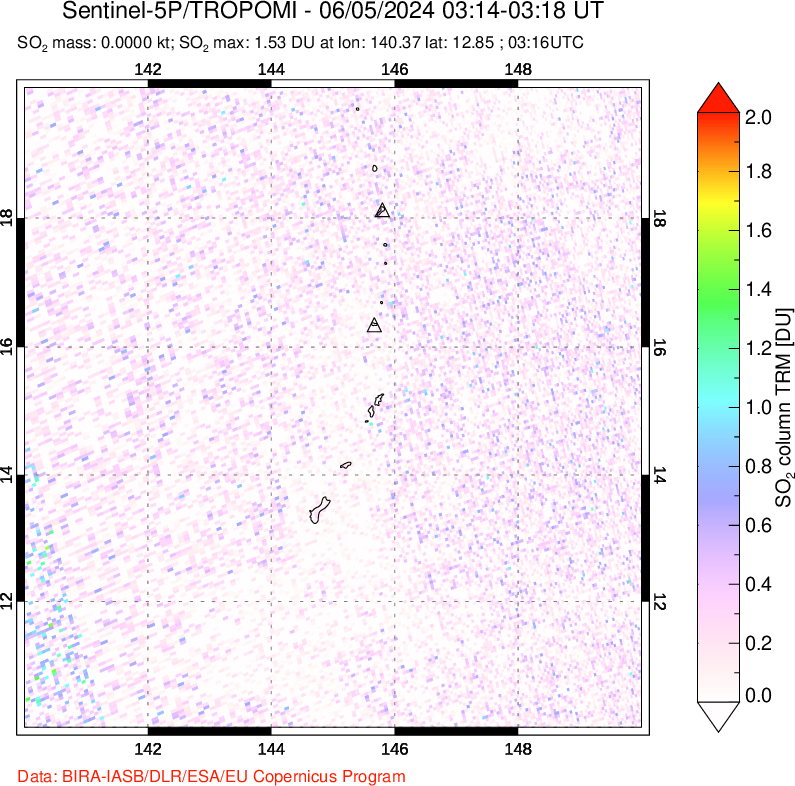 A sulfur dioxide image over Anatahan, Mariana Islands on Jun 05, 2024.