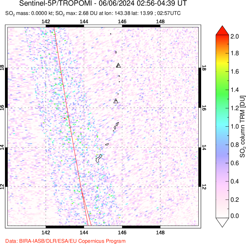 A sulfur dioxide image over Anatahan, Mariana Islands on Jun 06, 2024.