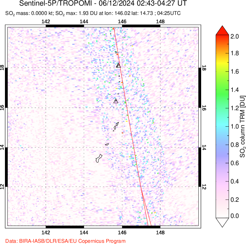 A sulfur dioxide image over Anatahan, Mariana Islands on Jun 12, 2024.