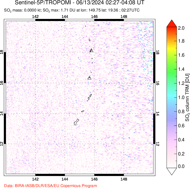 A sulfur dioxide image over Anatahan, Mariana Islands on Jun 13, 2024.