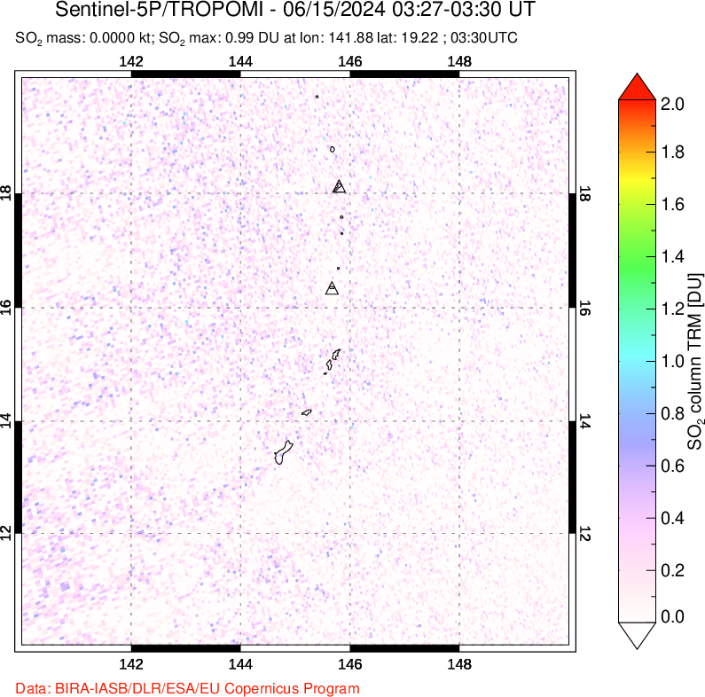 A sulfur dioxide image over Anatahan, Mariana Islands on Jun 15, 2024.