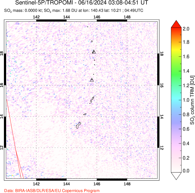 A sulfur dioxide image over Anatahan, Mariana Islands on Jun 16, 2024.