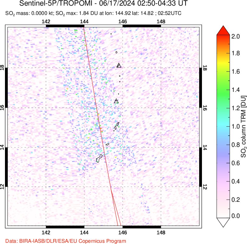 A sulfur dioxide image over Anatahan, Mariana Islands on Jun 17, 2024.