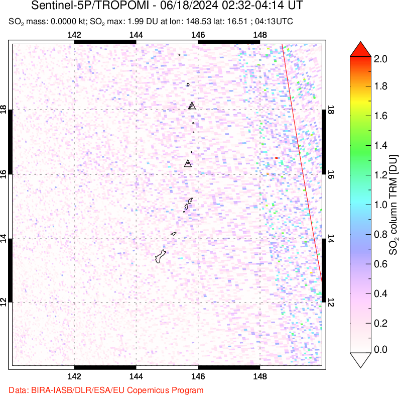 A sulfur dioxide image over Anatahan, Mariana Islands on Jun 18, 2024.