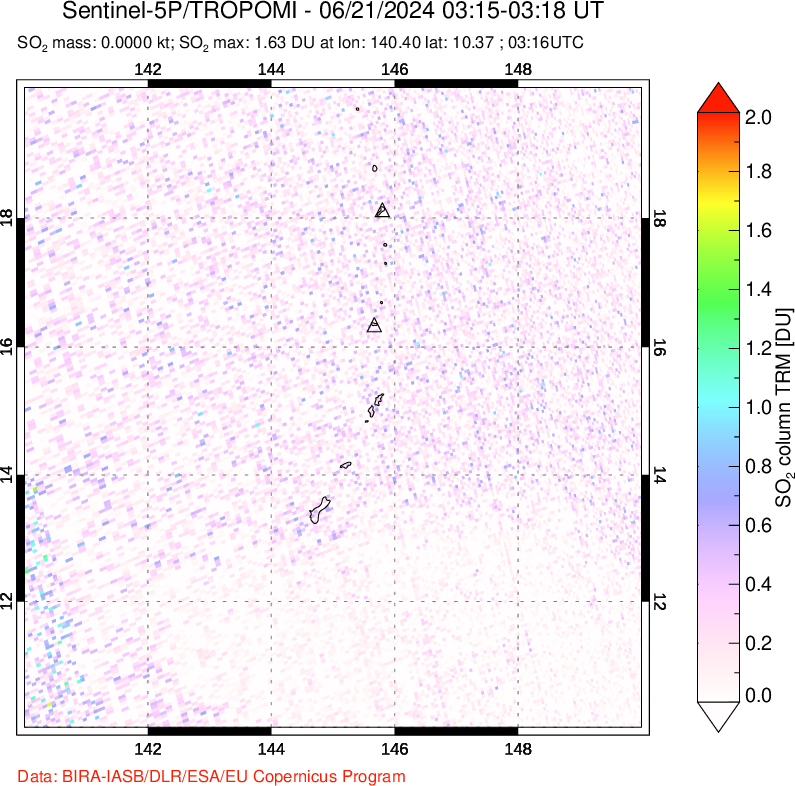 A sulfur dioxide image over Anatahan, Mariana Islands on Jun 21, 2024.