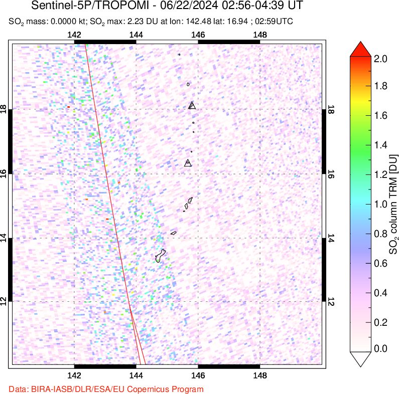 A sulfur dioxide image over Anatahan, Mariana Islands on Jun 22, 2024.