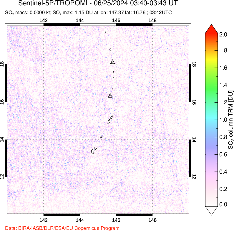 A sulfur dioxide image over Anatahan, Mariana Islands on Jun 25, 2024.