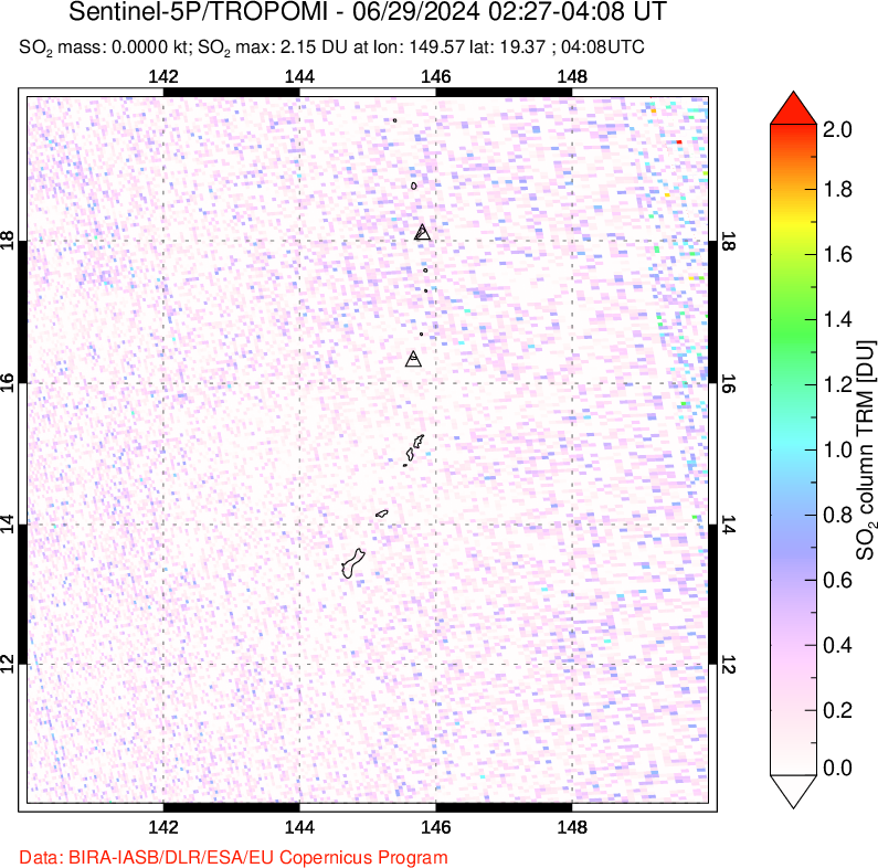 A sulfur dioxide image over Anatahan, Mariana Islands on Jun 29, 2024.