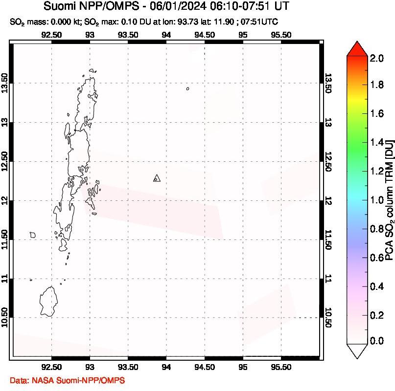 A sulfur dioxide image over Andaman Islands, Indian Ocean on Jun 01, 2024.