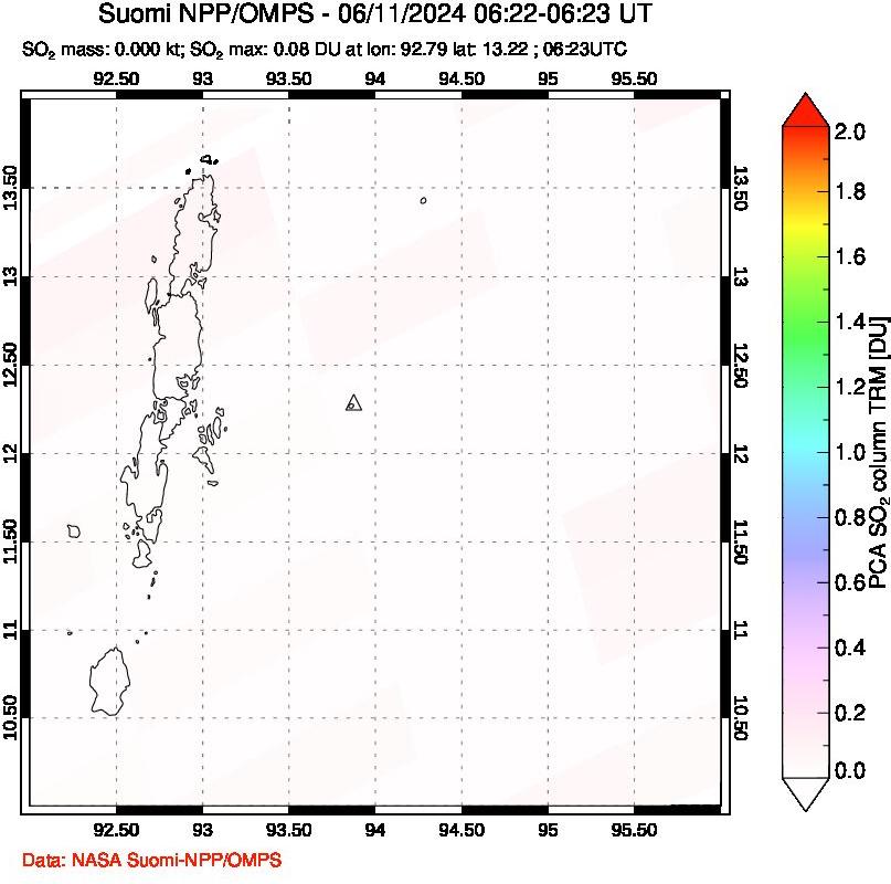 A sulfur dioxide image over Andaman Islands, Indian Ocean on Jun 11, 2024.