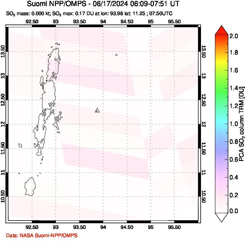 A sulfur dioxide image over Andaman Islands, Indian Ocean on Jun 17, 2024.