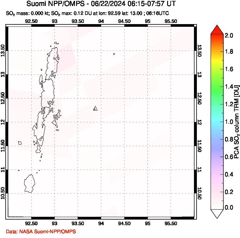 A sulfur dioxide image over Andaman Islands, Indian Ocean on Jun 22, 2024.