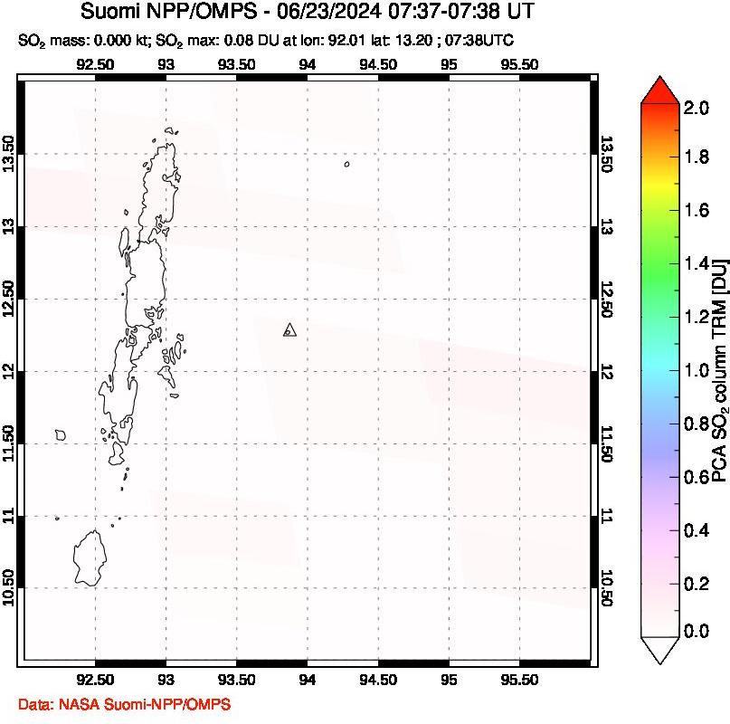 A sulfur dioxide image over Andaman Islands, Indian Ocean on Jun 23, 2024.