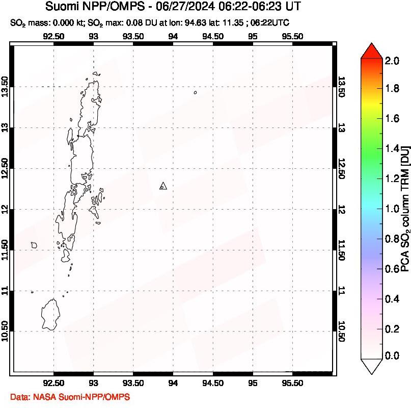 A sulfur dioxide image over Andaman Islands, Indian Ocean on Jun 27, 2024.