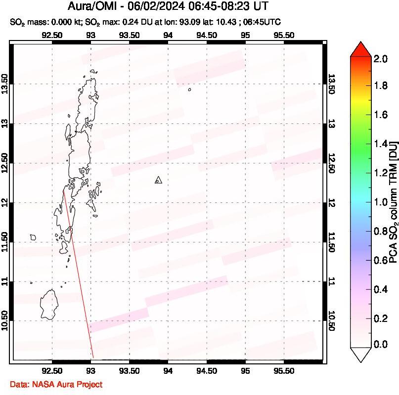 A sulfur dioxide image over Andaman Islands, Indian Ocean on Jun 02, 2024.