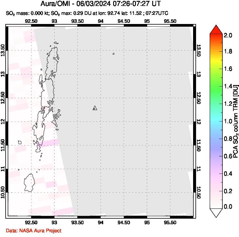 A sulfur dioxide image over Andaman Islands, Indian Ocean on Jun 03, 2024.