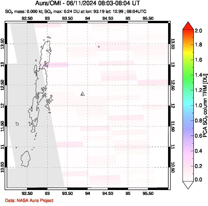 A sulfur dioxide image over Andaman Islands, Indian Ocean on Jun 11, 2024.