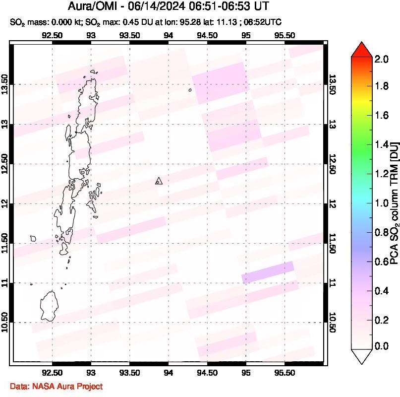 A sulfur dioxide image over Andaman Islands, Indian Ocean on Jun 14, 2024.