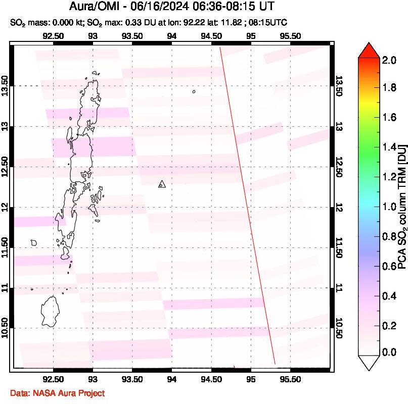 A sulfur dioxide image over Andaman Islands, Indian Ocean on Jun 16, 2024.