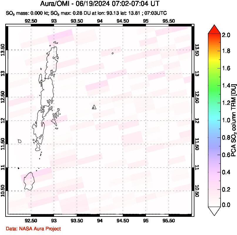 A sulfur dioxide image over Andaman Islands, Indian Ocean on Jun 19, 2024.