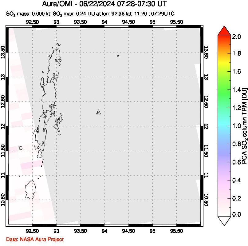 A sulfur dioxide image over Andaman Islands, Indian Ocean on Jun 22, 2024.