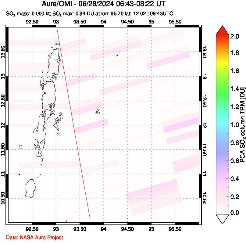 A sulfur dioxide image over Andaman Islands, Indian Ocean on Jun 28, 2024.