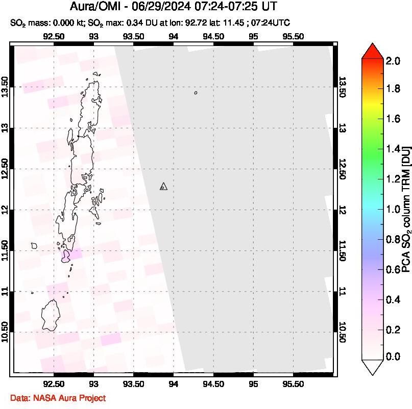 A sulfur dioxide image over Andaman Islands, Indian Ocean on Jun 29, 2024.