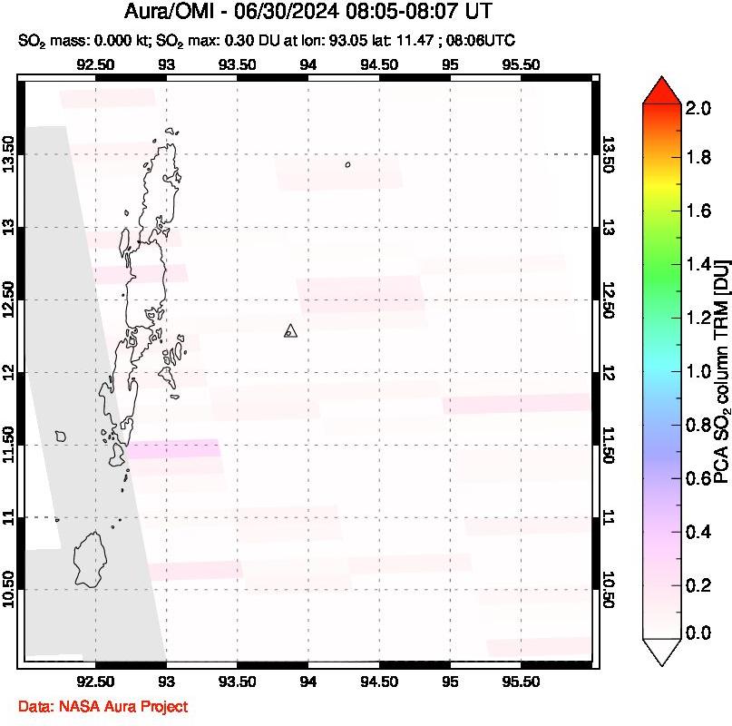 A sulfur dioxide image over Andaman Islands, Indian Ocean on Jun 30, 2024.