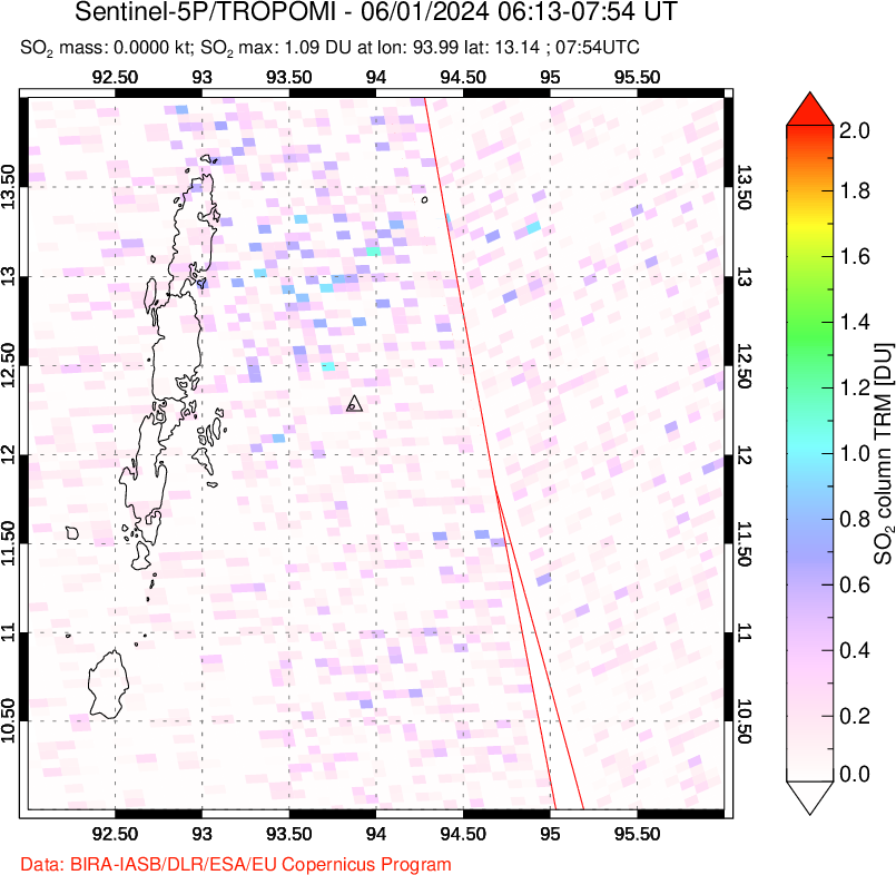 A sulfur dioxide image over Andaman Islands, Indian Ocean on Jun 01, 2024.