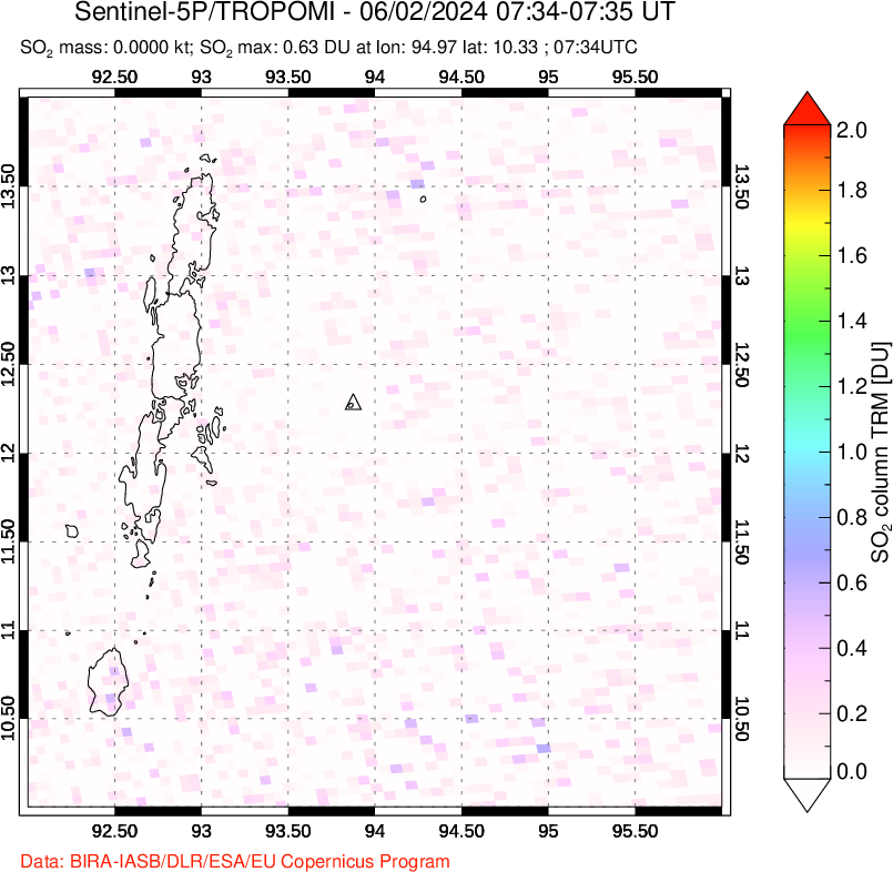 A sulfur dioxide image over Andaman Islands, Indian Ocean on Jun 02, 2024.