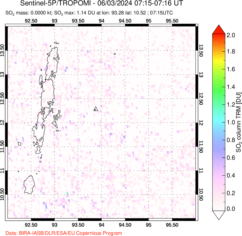 A sulfur dioxide image over Andaman Islands, Indian Ocean on Jun 03, 2024.