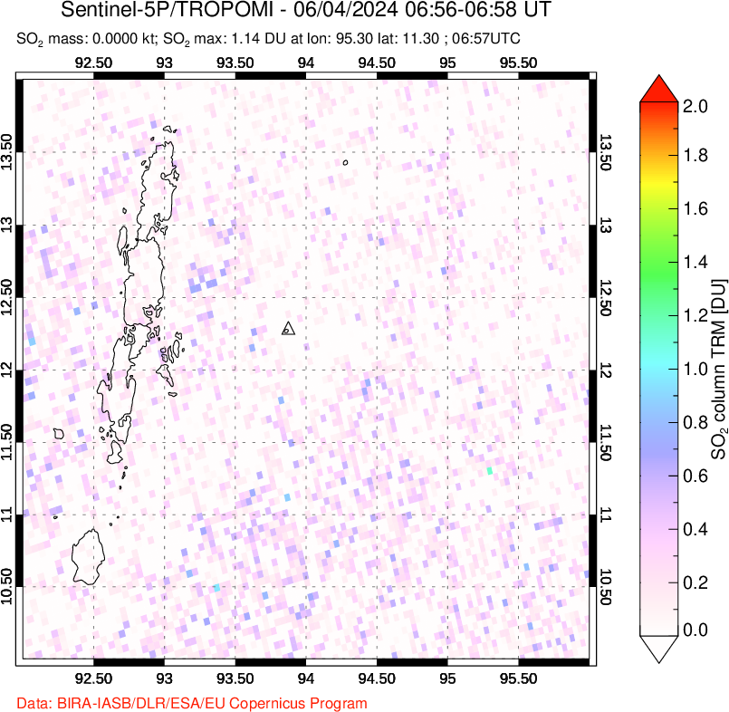 A sulfur dioxide image over Andaman Islands, Indian Ocean on Jun 04, 2024.