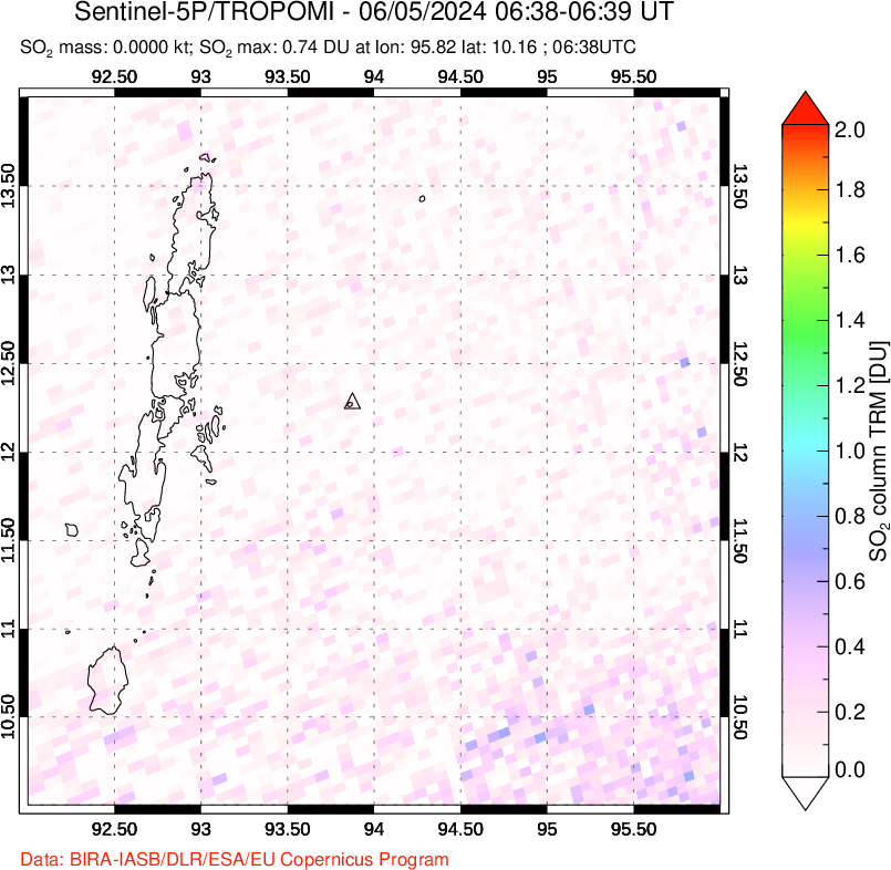 A sulfur dioxide image over Andaman Islands, Indian Ocean on Jun 05, 2024.