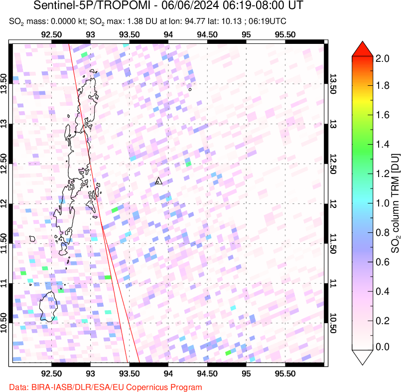 A sulfur dioxide image over Andaman Islands, Indian Ocean on Jun 06, 2024.