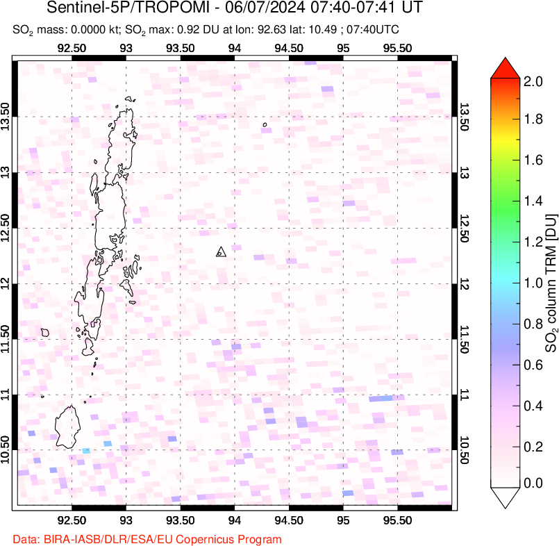 A sulfur dioxide image over Andaman Islands, Indian Ocean on Jun 07, 2024.