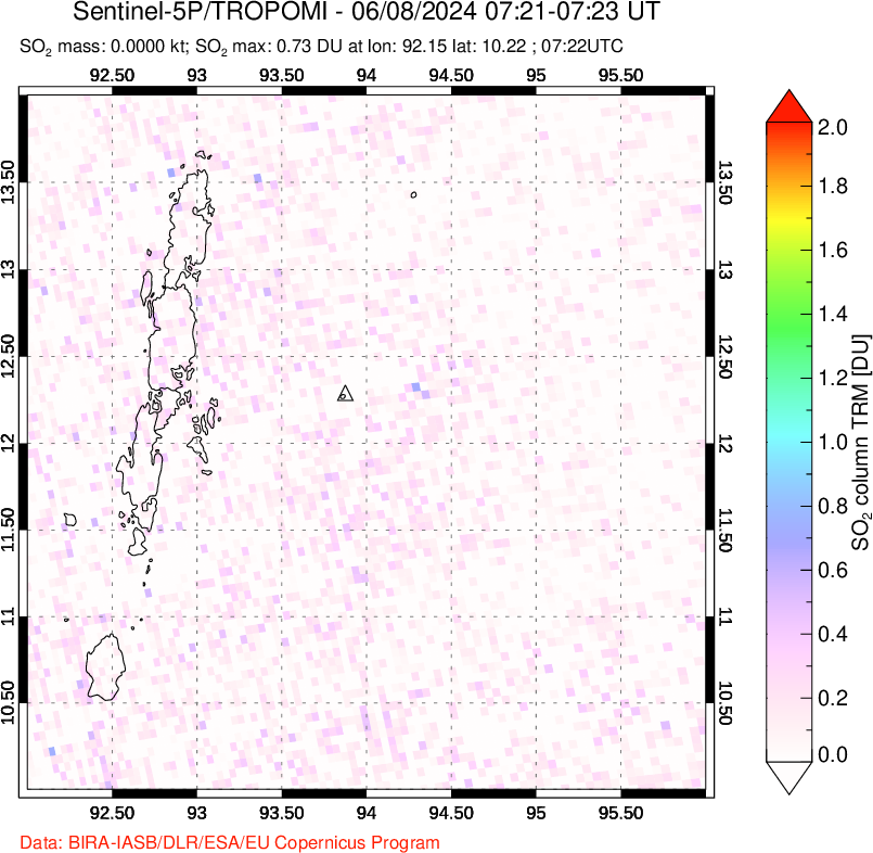 A sulfur dioxide image over Andaman Islands, Indian Ocean on Jun 08, 2024.