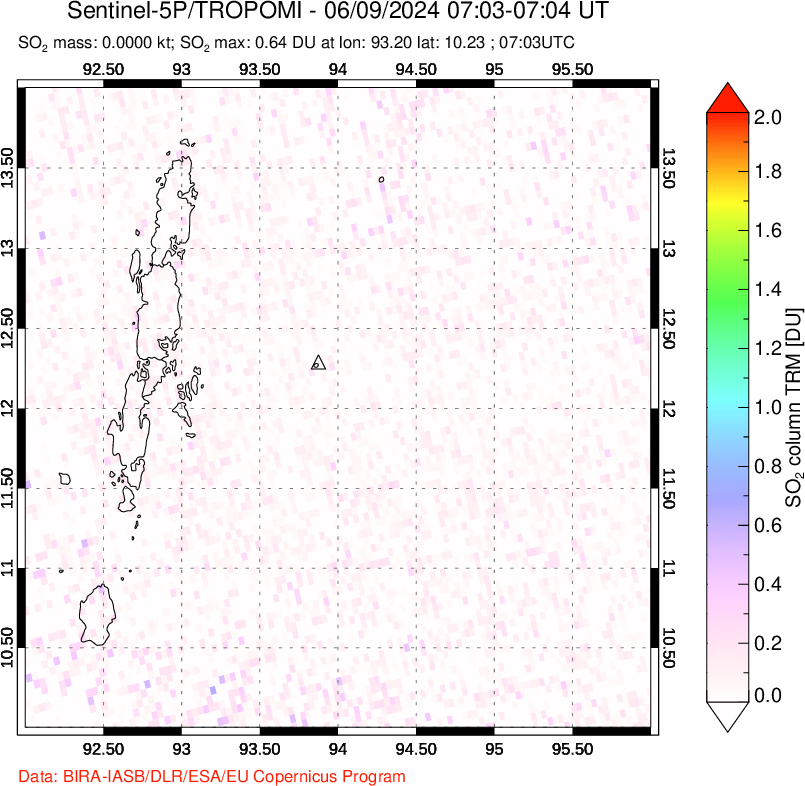 A sulfur dioxide image over Andaman Islands, Indian Ocean on Jun 09, 2024.