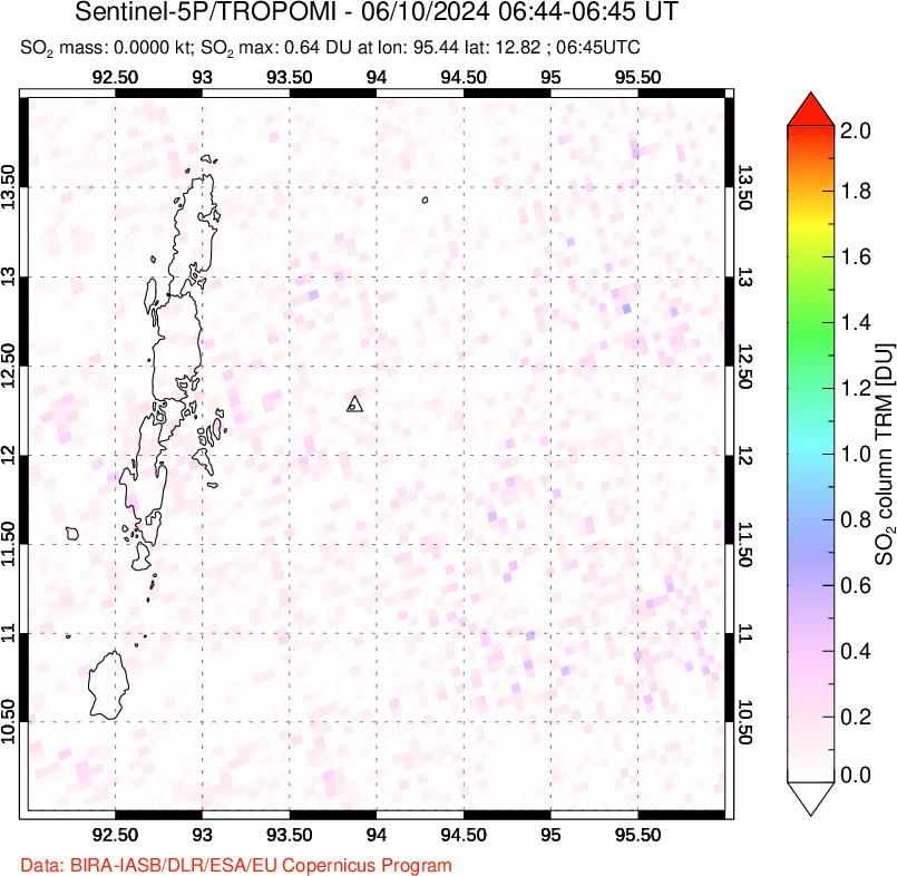 A sulfur dioxide image over Andaman Islands, Indian Ocean on Jun 10, 2024.