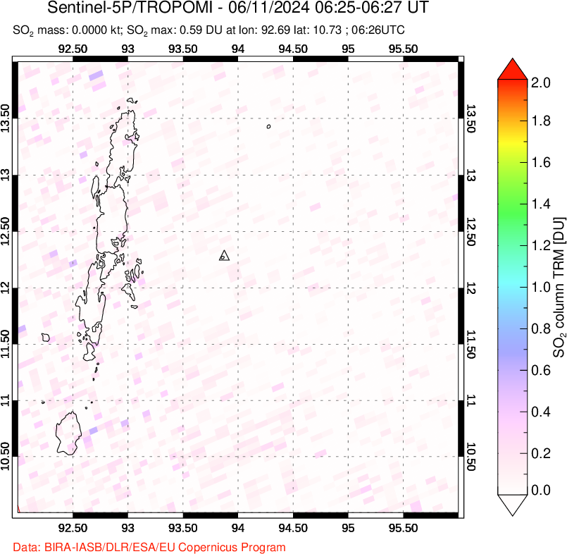 A sulfur dioxide image over Andaman Islands, Indian Ocean on Jun 11, 2024.