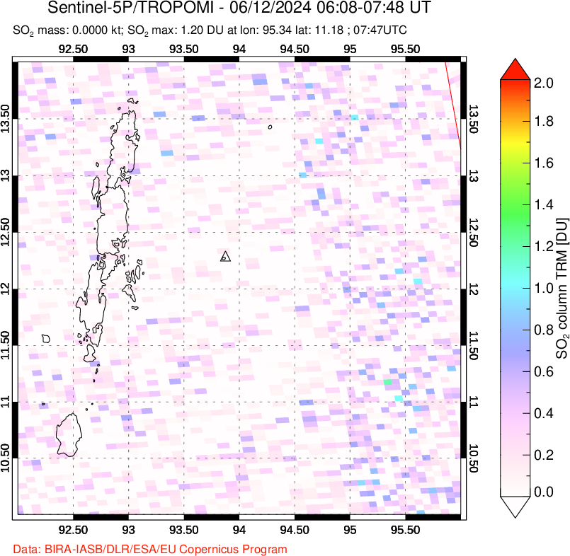 A sulfur dioxide image over Andaman Islands, Indian Ocean on Jun 12, 2024.