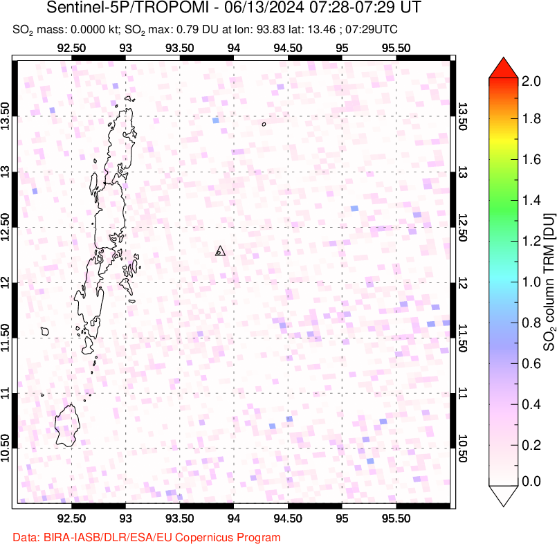 A sulfur dioxide image over Andaman Islands, Indian Ocean on Jun 13, 2024.