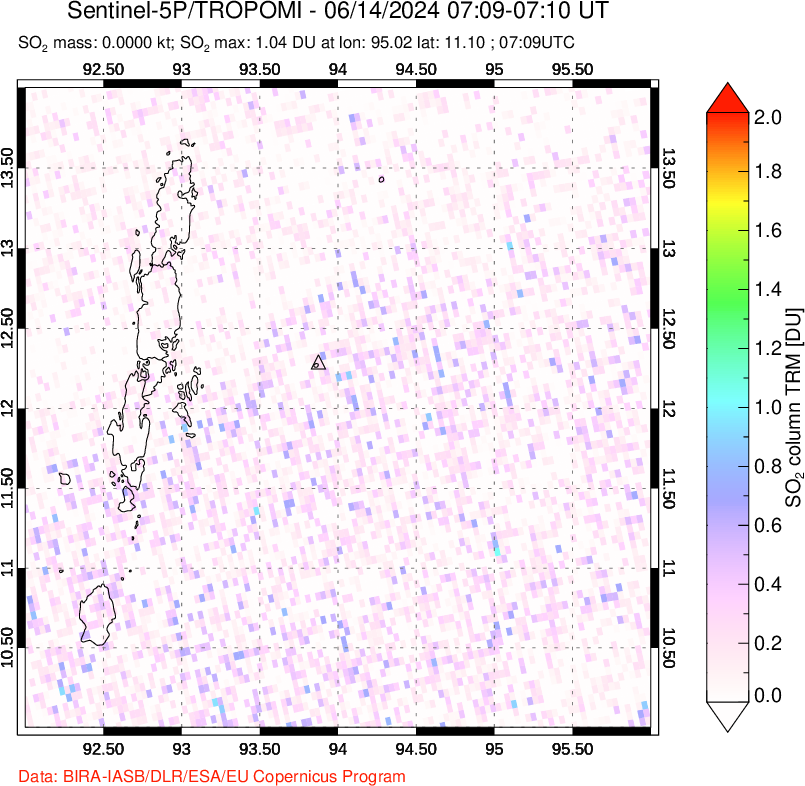 A sulfur dioxide image over Andaman Islands, Indian Ocean on Jun 14, 2024.