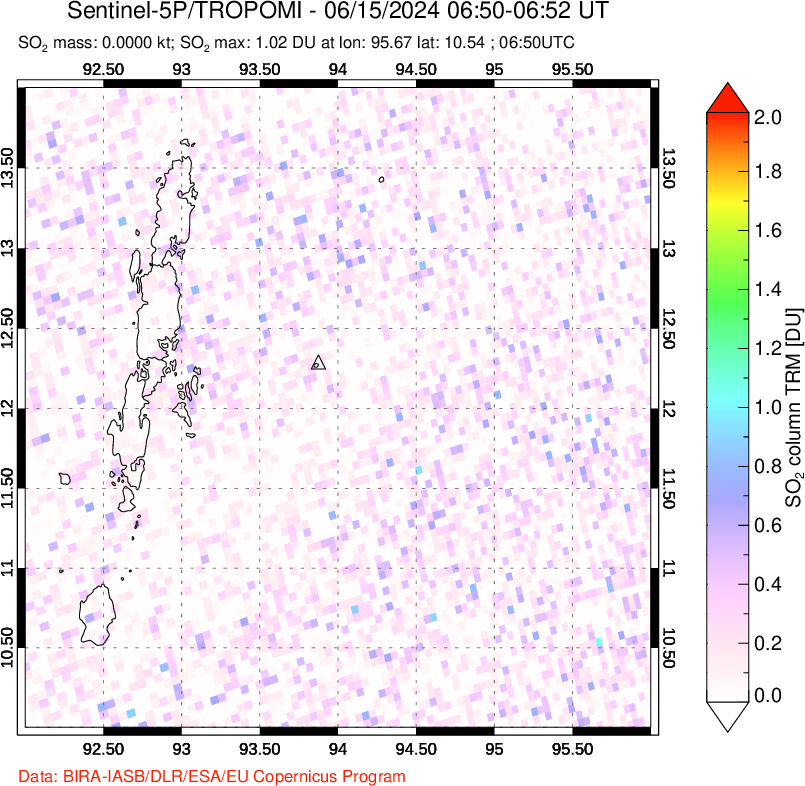 A sulfur dioxide image over Andaman Islands, Indian Ocean on Jun 15, 2024.