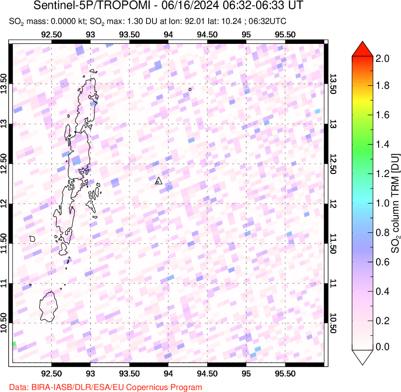 A sulfur dioxide image over Andaman Islands, Indian Ocean on Jun 16, 2024.