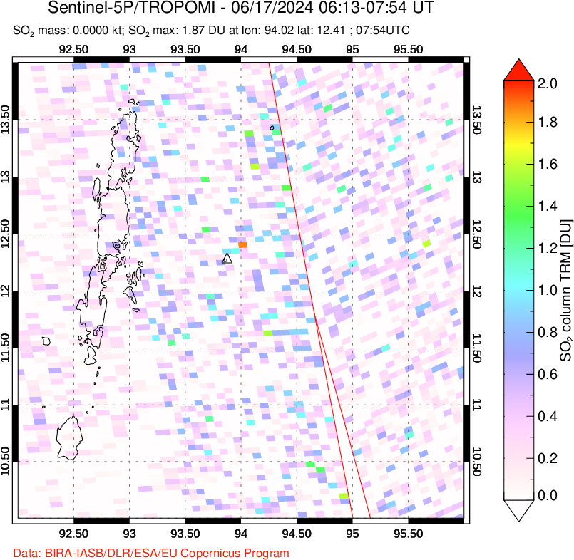 A sulfur dioxide image over Andaman Islands, Indian Ocean on Jun 17, 2024.