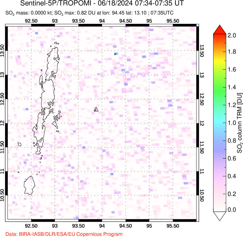 A sulfur dioxide image over Andaman Islands, Indian Ocean on Jun 18, 2024.