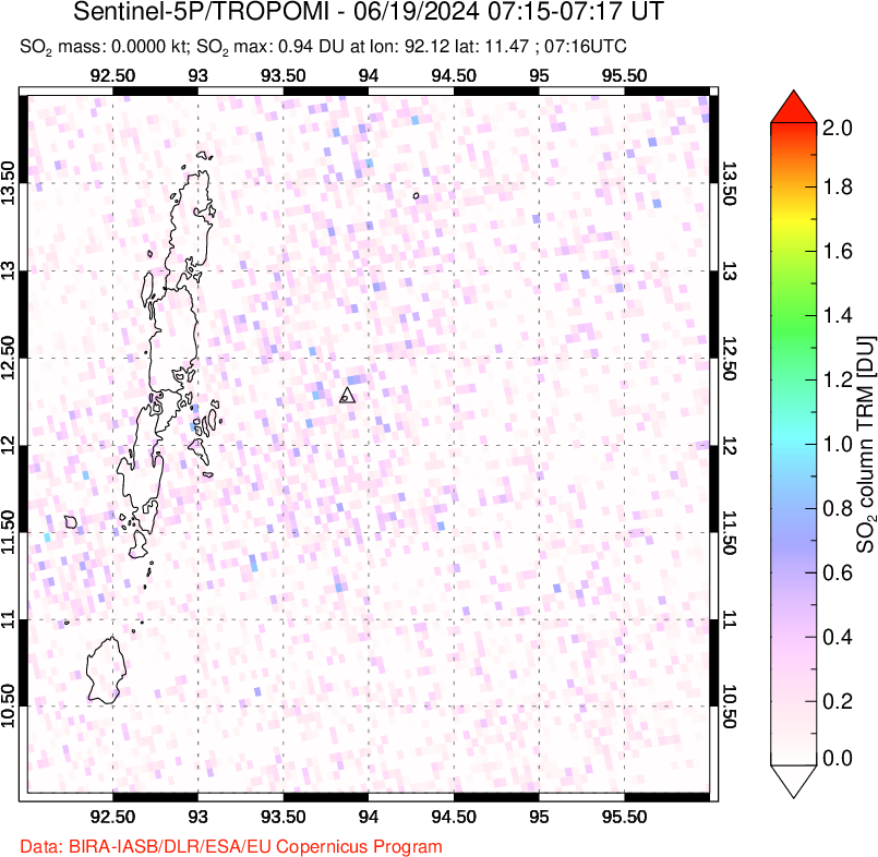 A sulfur dioxide image over Andaman Islands, Indian Ocean on Jun 19, 2024.