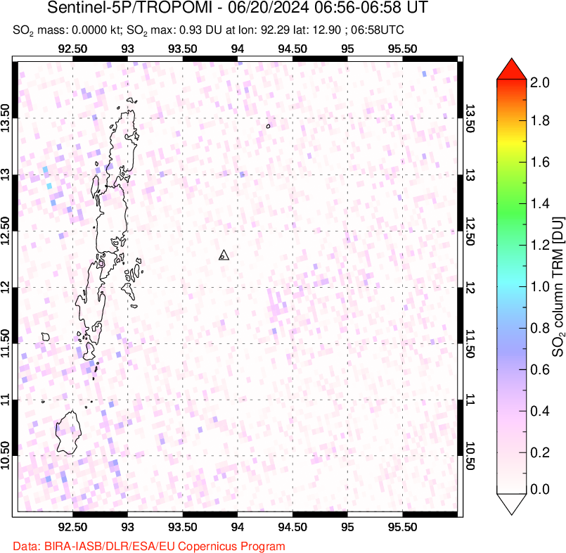 A sulfur dioxide image over Andaman Islands, Indian Ocean on Jun 20, 2024.