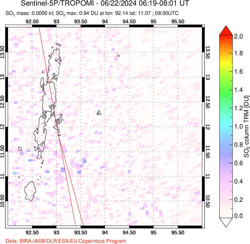 A sulfur dioxide image over Andaman Islands, Indian Ocean on Jun 22, 2024.