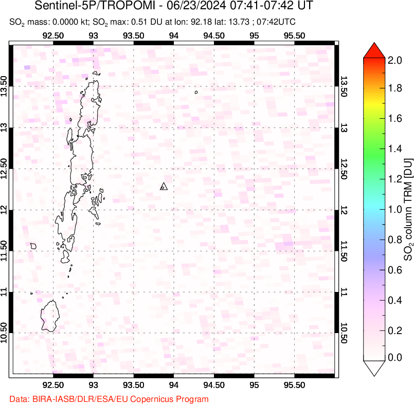 A sulfur dioxide image over Andaman Islands, Indian Ocean on Jun 23, 2024.